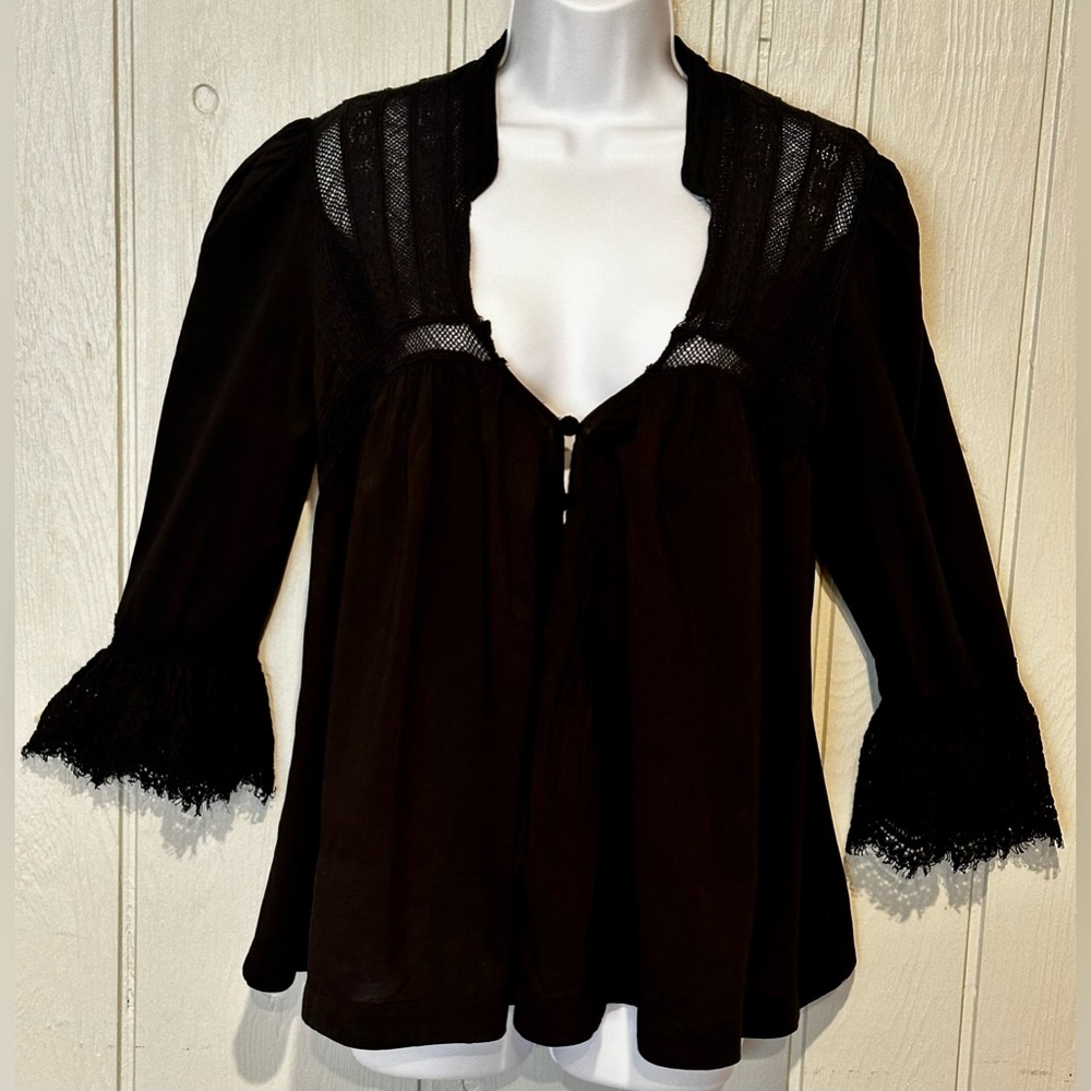 Magaschoni Black Lace Accent Button-Down Blouse